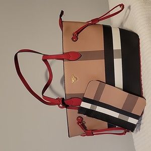 2-Piece "Bee" Large Plaid Tote with Pouch included.